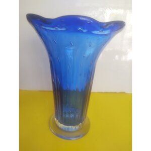 Large Hand Blown Controlled Bubble Cobalt Blue Glass 10" Vase Venice